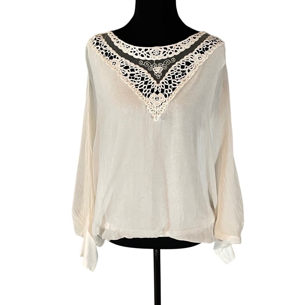 Carla Conti Italy Silk Blouse Womens Medium Cream Crochet Lace V-Neck Top Flowy - Picture 1 of 8
